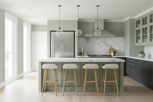 A modern kitchen island with a sage green cabinet base and white marble countertop, surrounded by four bar stools with white cushions and light wood legs. The kitchen features a matching sage green wall, dark charcoal gray lower cabinets, a white marble backsplash, a stainless steel refrigerator, and three glass globe pendant lights.