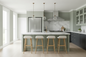 A modern kitchen island with a sage green cabinet base and white marble countertop, surrounded by four bar stools with white cushions and light wood legs. The kitchen features a matching sage green wall, dark charcoal gray lower cabinets, a white marble backsplash, a stainless steel refrigerator, and three glass globe pendant lights.