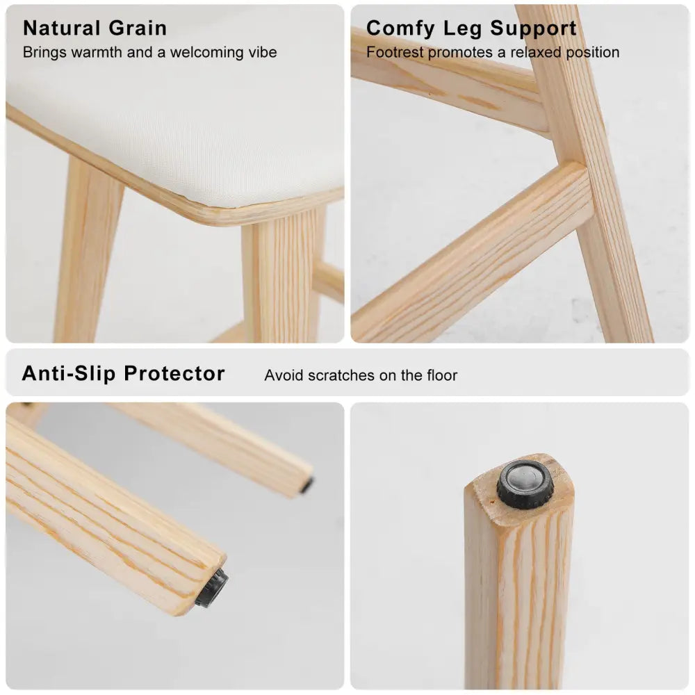 2x Wooden Bar Stool Padded Fabric Dining Chair Kanso 65cm Beige