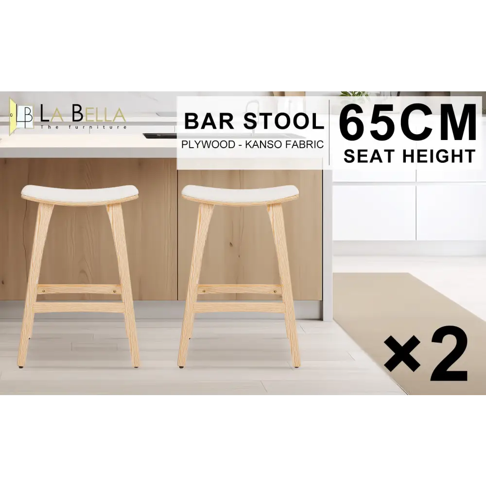 2x Wooden Bar Stool Padded Fabric Dining Chair Kanso 65cm Beige