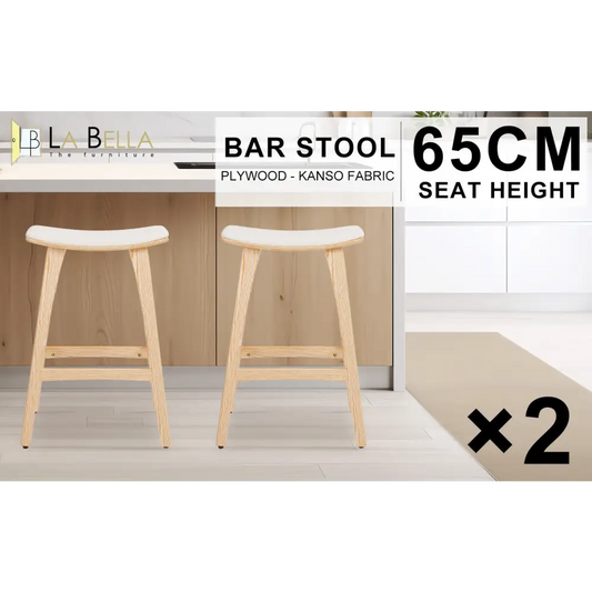 2x Wooden Bar Stool Padded Fabric Dining Chair Kanso 65cm Beige