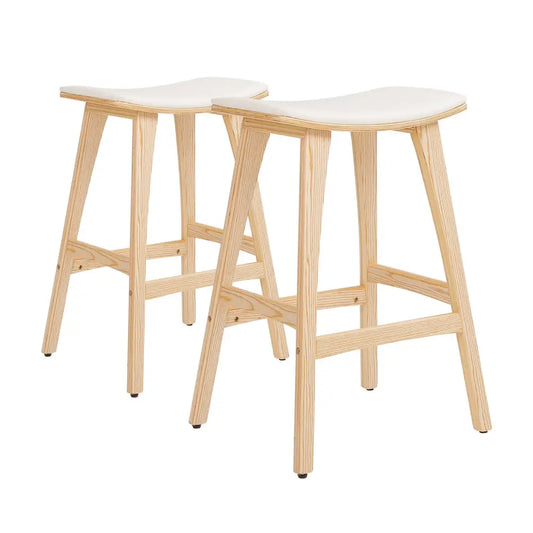 2x Wooden Bar Stool Padded Fabric Dining Chair Kanso 65cm Beige