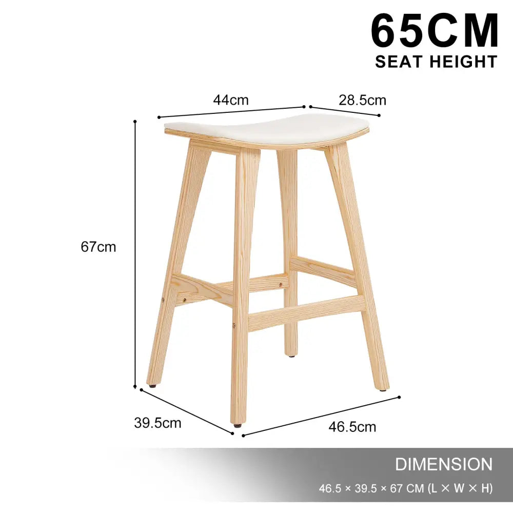 2x Wooden Bar Stool Padded Fabric Dining Chair Kanso 65cm Beige