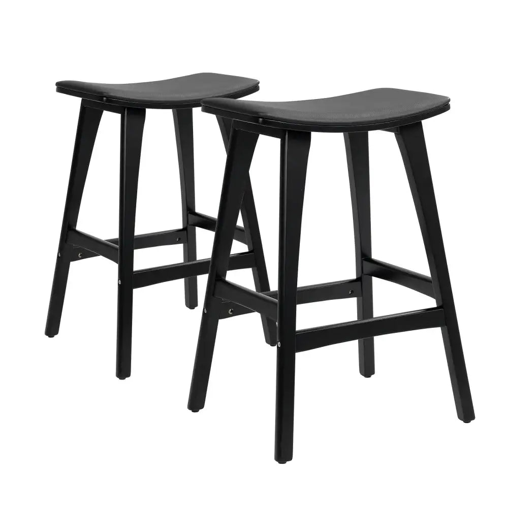 2x Wooden Bar Stool Padded Pu Leather Dining Chair Kanso 65cm Black