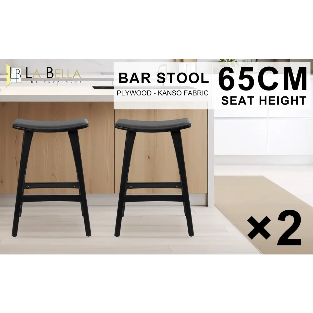 2x Wooden Bar Stool Padded Pu Leather Dining Chair Kanso 65cm Black