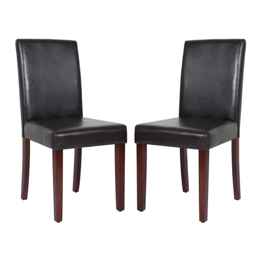 2x Wooden Frame Brown Leatherette Dining Chairs with Solid Pine Legs