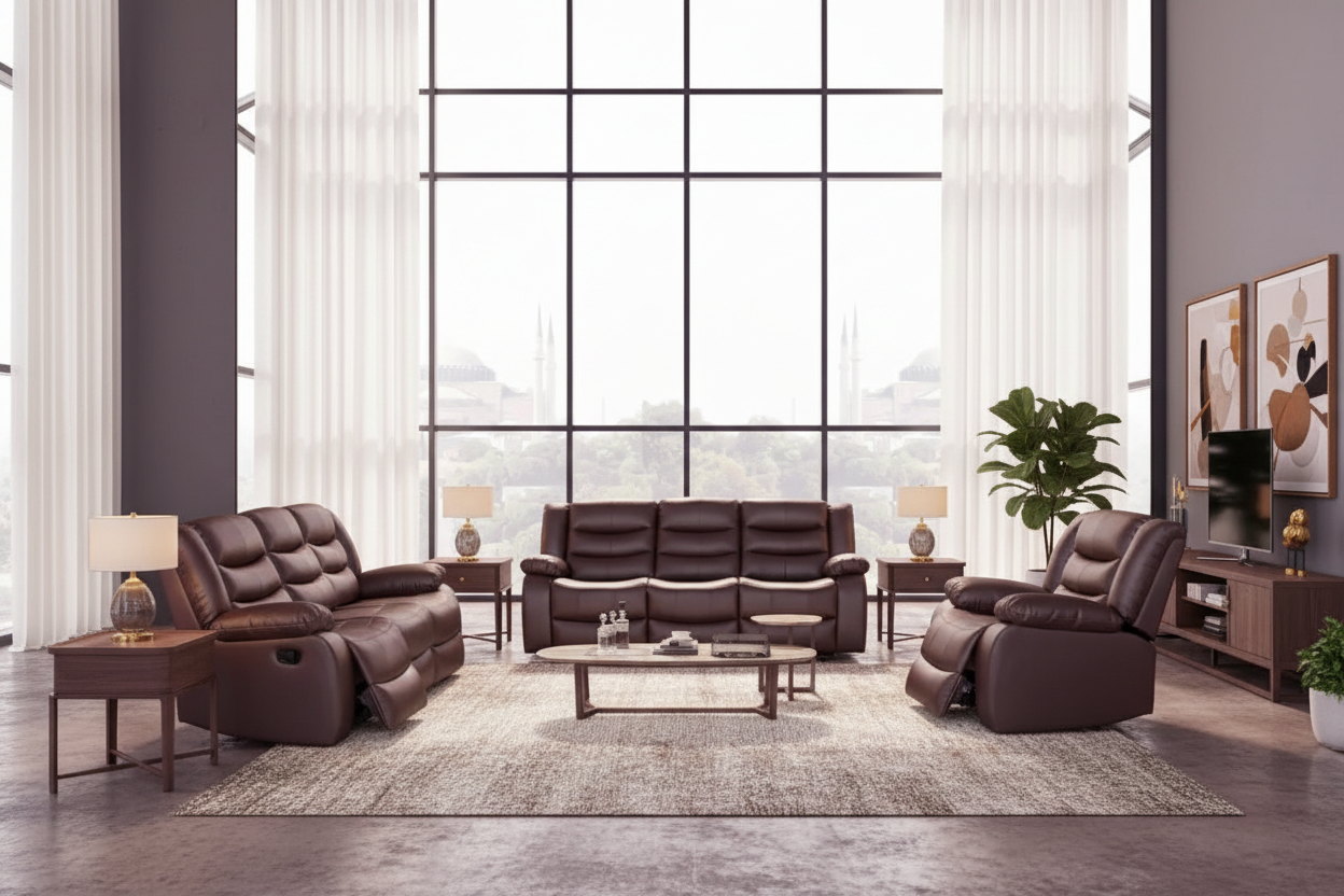 Brown leather sofa set in a modern living room with large windows.