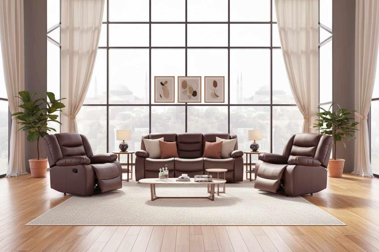 3 + 1 + 1 Seater Recliner Sofa in Faux Leather Lounge Couch in Brown