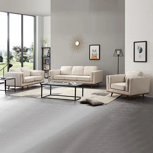 3 + 2 Seater Sofa Beige Fabric Lounge Set for Living Room Couch with Wooden Frame