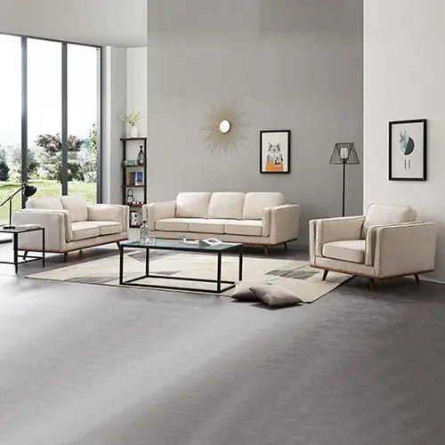 3 + 2 Seater Sofa Beige Fabric Lounge Set for Living Room Couch with Wooden Frame
