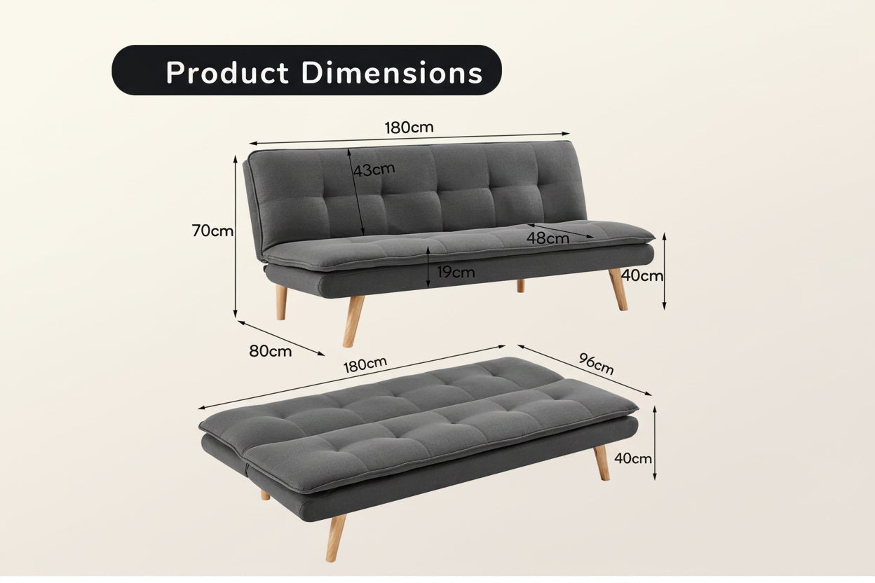 3 Seater Linen Sofa Bed Couch Lounge Futon - Dark Grey