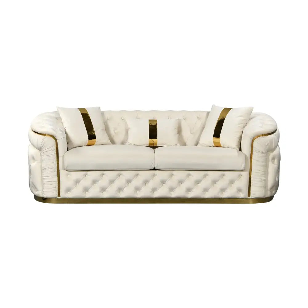 3 Seater Sofa Beige Velvet Fabric Solid Wood Construction Gold Stainless Steel Trim