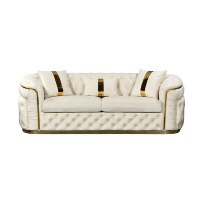 3 Seater Sofa Beige Velvet Fabric Solid Wood Construction Gold Stainless Steel Trim
