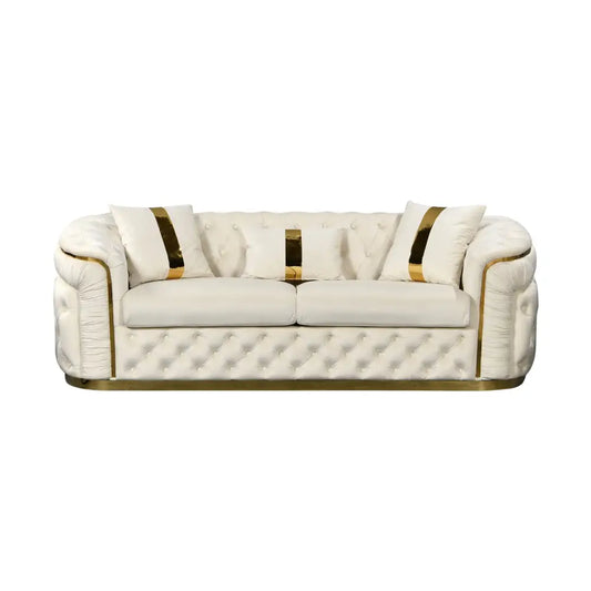 3 Seater Sofa Beige Velvet Fabric Solid Wood Construction Gold Stainless Steel Trim
