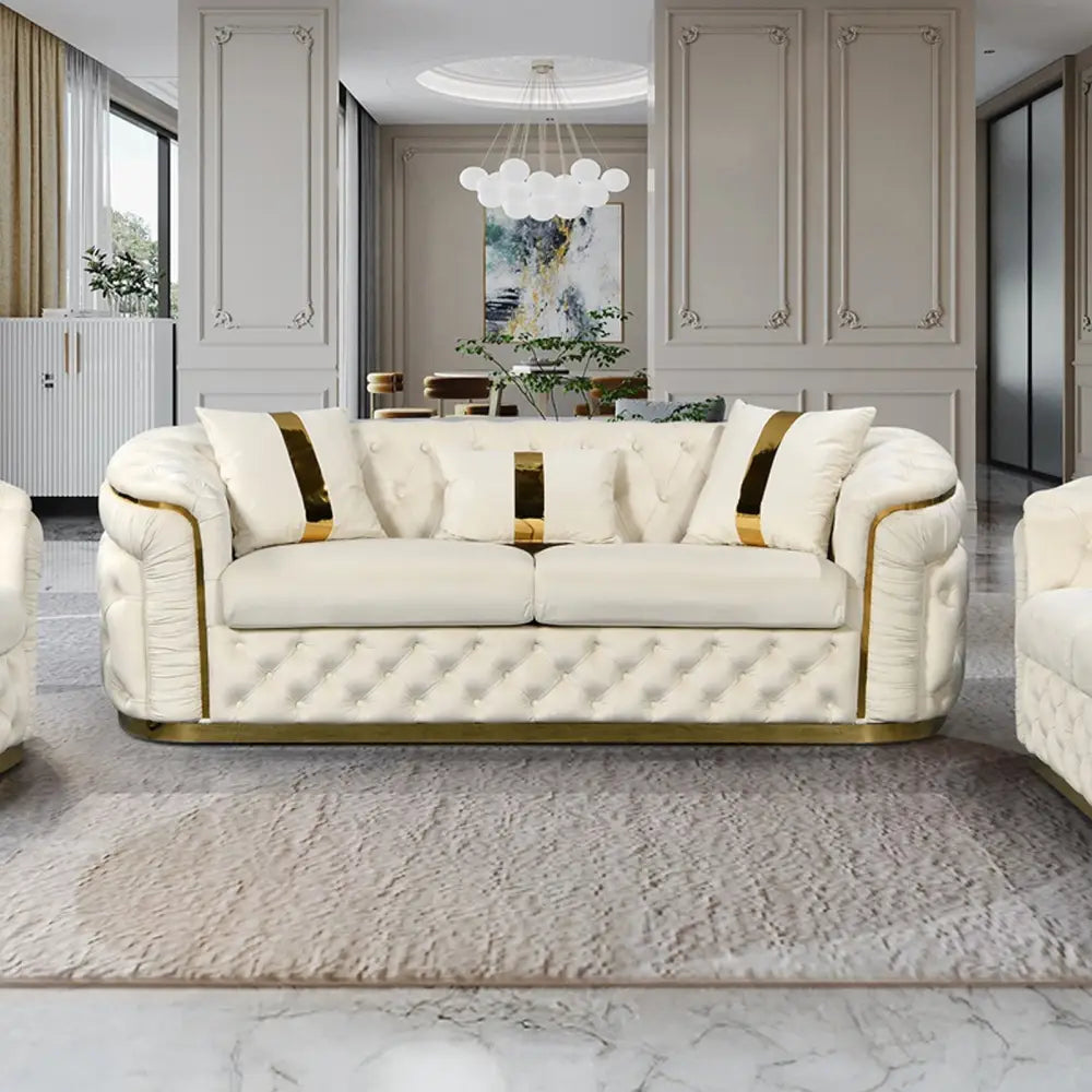 3 Seater Sofa Beige Velvet Fabric Solid Wood Construction Gold Stainless Steel Trim