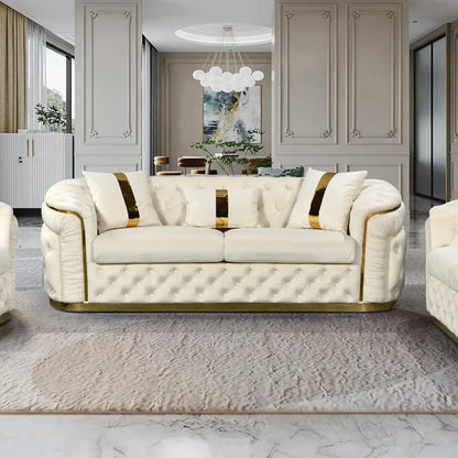 3 Seater Sofa Beige Velvet Fabric Solid Wood Construction Gold Stainless Steel Trim