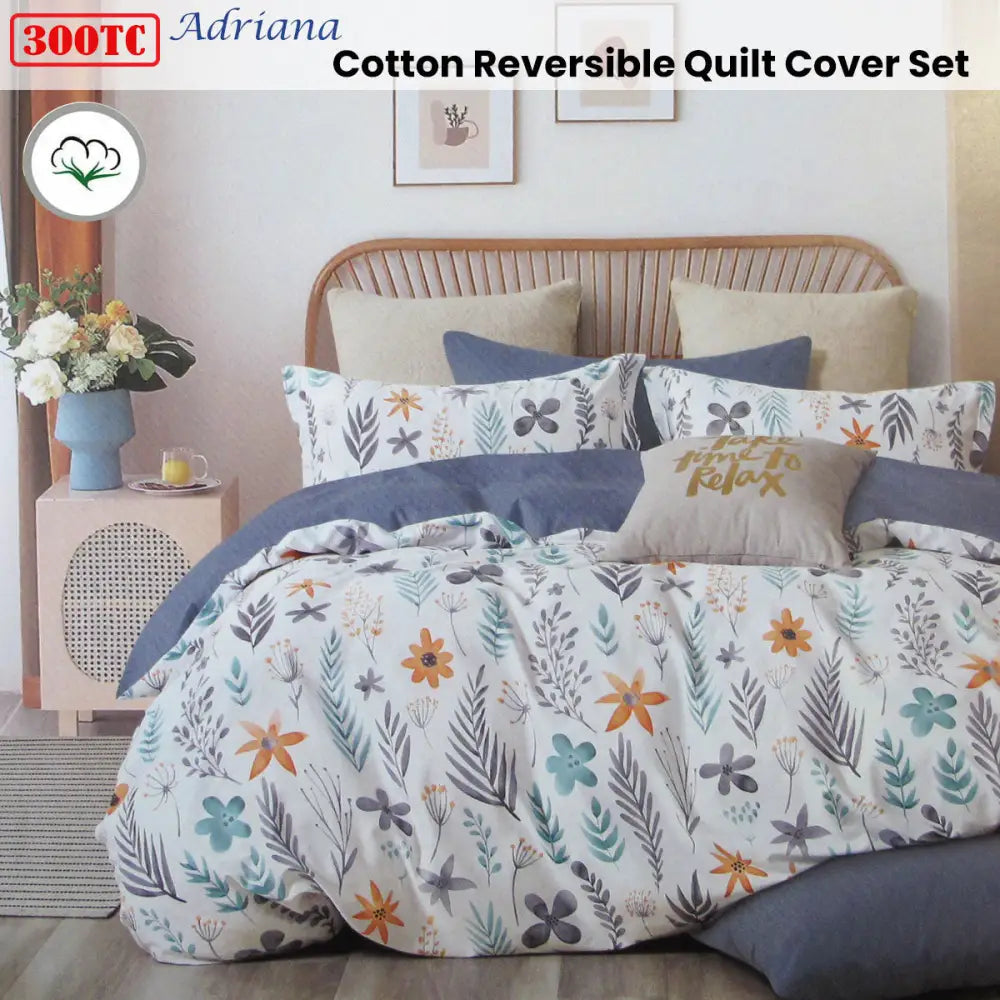 300tc Adriana Reversible Cotton Quilt Cover Set King