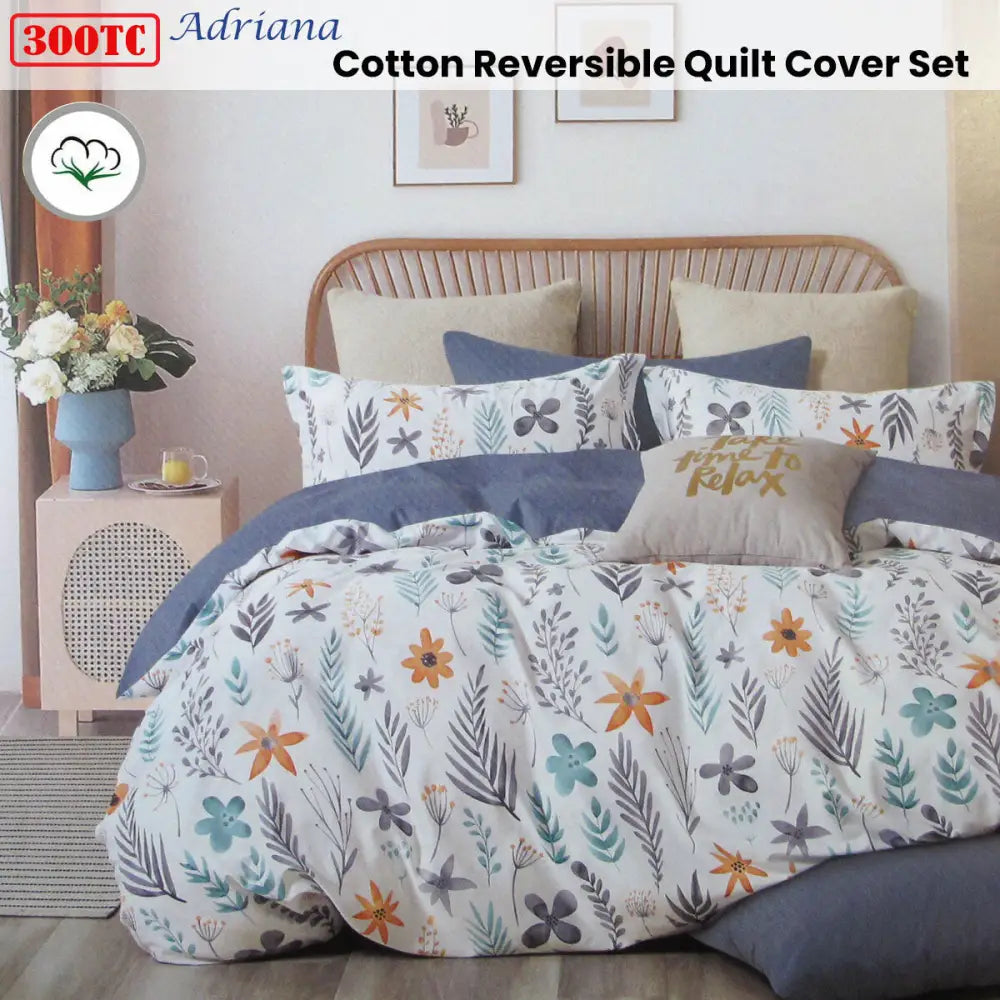300tc Adriana Reversible Cotton Quilt Cover Set King
