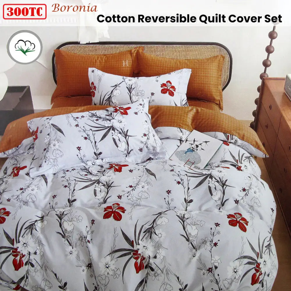300tc Boronia Silver Reversible Cotton Quilt Cover Set King