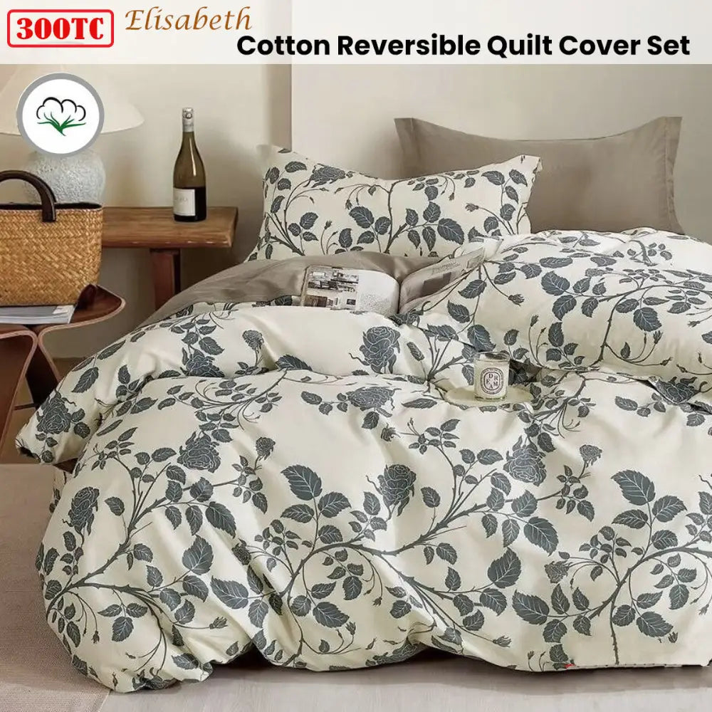 300tc Elisabeth Reversible Cotton Quilt Cover Set Queen