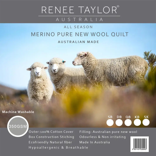 350 Gsm Bed Australian Pure Merino Wool Quilt by Renee Taylor Super King