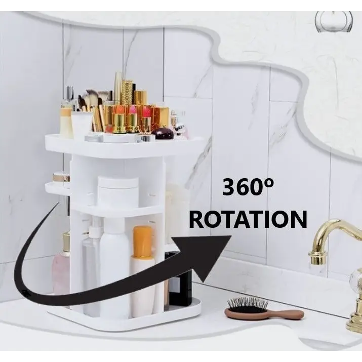 360 Rotating Large Capacity Makeup Organizer for Bedroom and Bathroom (white) | White Plastic Multi-tiered Vanity