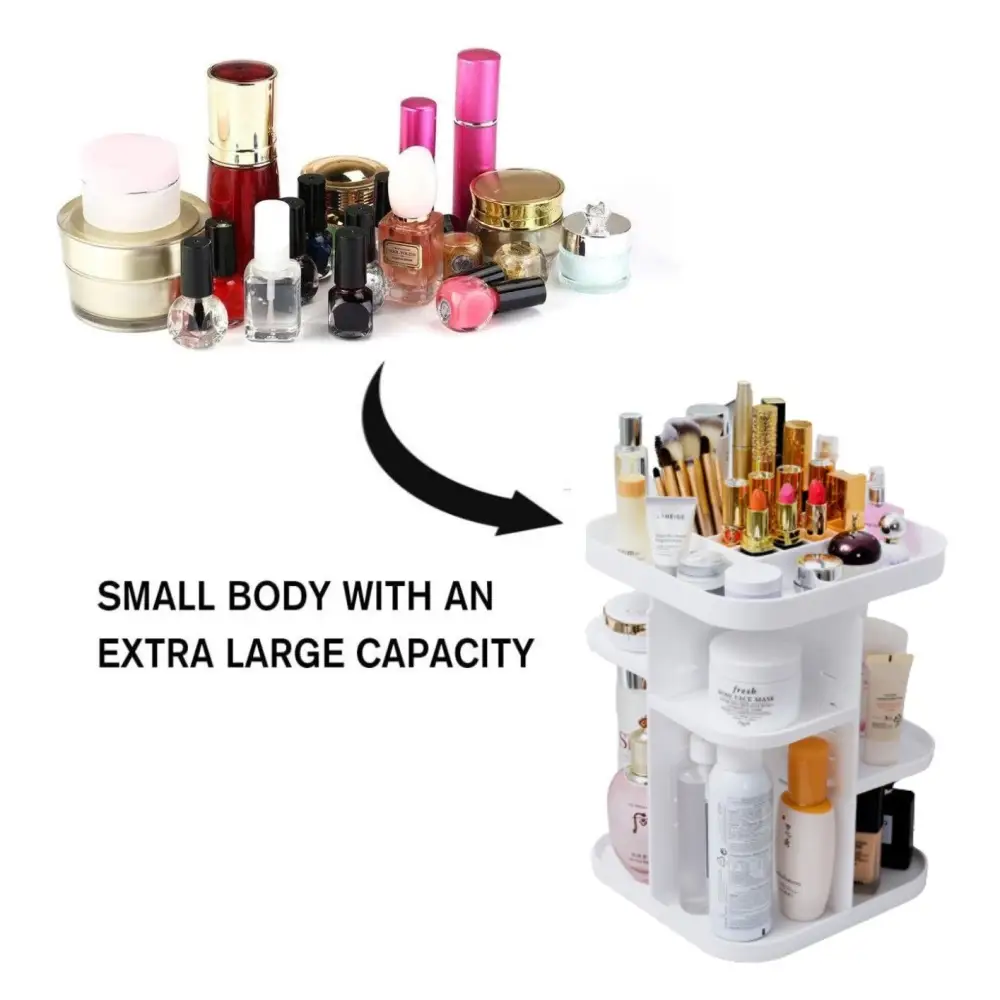 360 Rotating Large Capacity Makeup Organizer for Bedroom and Bathroom (white) | White Three-tier Makeup Organizer