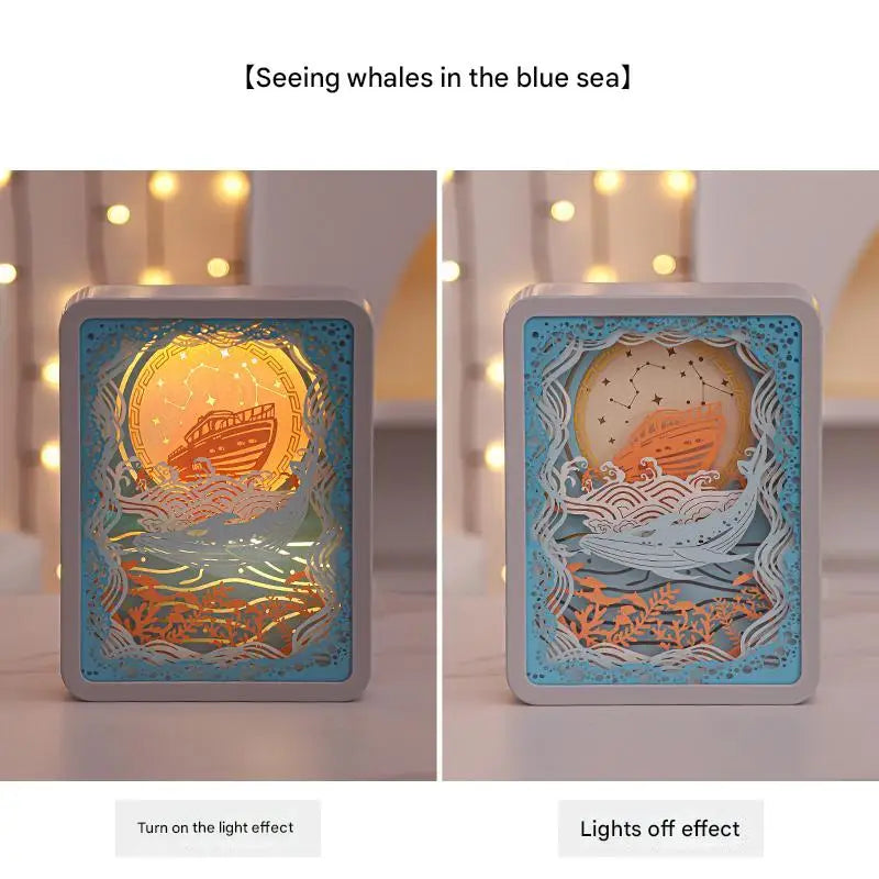 3d Paper Carving Night Light | Whale Watching in the Blue Sea | Usb or Battery Powered