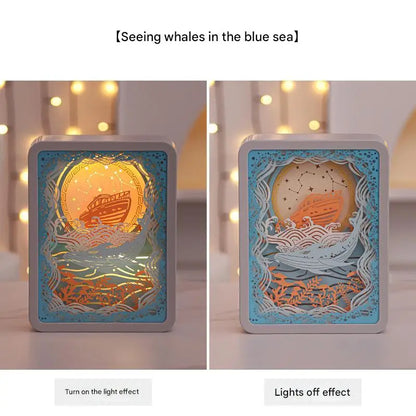 3d Paper Carving Night Light | Whale Watching in the Blue Sea | Usb or Battery Powered