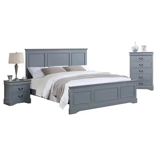 4 Pieces Bedroom Suite in Solid Wood & Mdf King Size Grey Colour Bed Bedside Table Tallboy