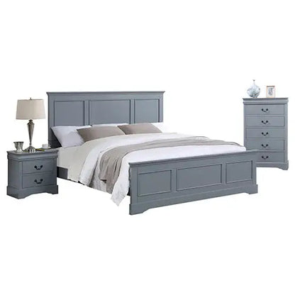4 Pieces Bedroom Suite in Solid Wood & Mdf King Size Grey Colour Bed Bedside Table Tallboy