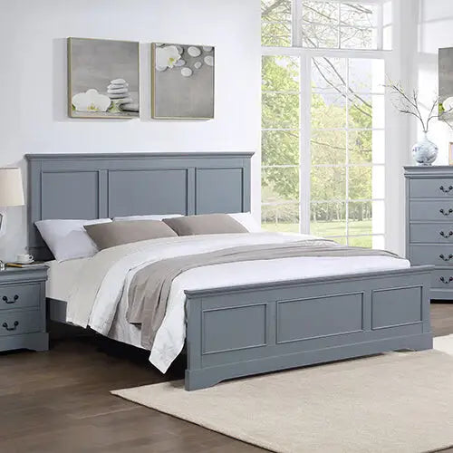 4 Pieces Bedroom Suite in Solid Wood & Mdf King Size Grey Colour Bed Bedside Table Dresser