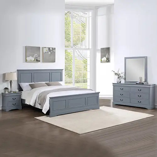 4 Pieces Bedroom Suite in Solid Wood & Mdf Queen Size Grey Colour Bed Bedside Table Dresser