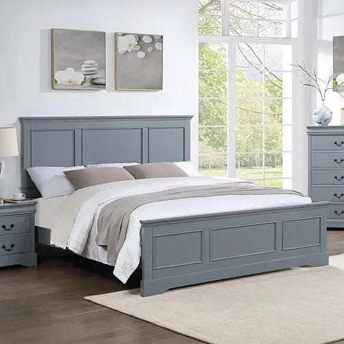 4 Pieces Bedroom Suite in Solid Wood & Mdf Queen Size Grey Colour Bed Bedside Table Dresser