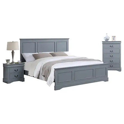 4 Pieces Bedroom Suite in Solid Wood & Mdf Queen Size Grey Colour Bed Bedside Table Tallboy