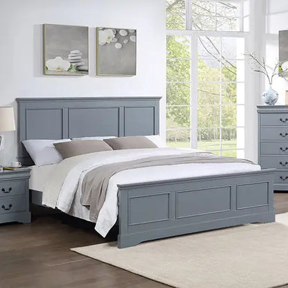 4 Pieces Bedroom Suite in Solid Wood & Mdf Queen Size Grey Colour Bed Bedside Table Dresser