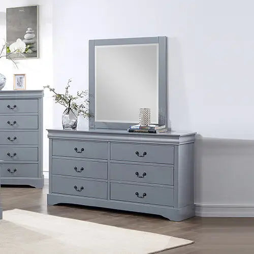4 Pieces Bedroom Suite in Solid Wood & Mdf Queen Size Grey Colour Bed Bedside Table Dresser