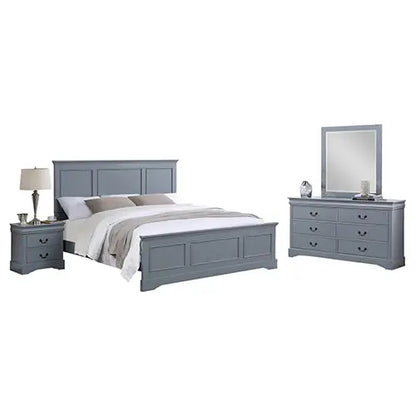 4 Pieces Bedroom Suite in Solid Wood & Mdf Queen Size Grey Colour Bed Bedside Table Dresser