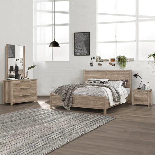 4 Pieces Bedroom Suite Natural Wood Like Mdf Structure King Size Oak Colour Bed Bedside Table & Dresser