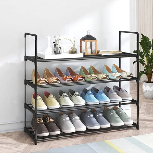 4-tier Stainless Steel Shoe Rack Storage Organizer to Hold Up 20 Pairs of Shoes (80cm Black) | Black Metal Shoe Rack