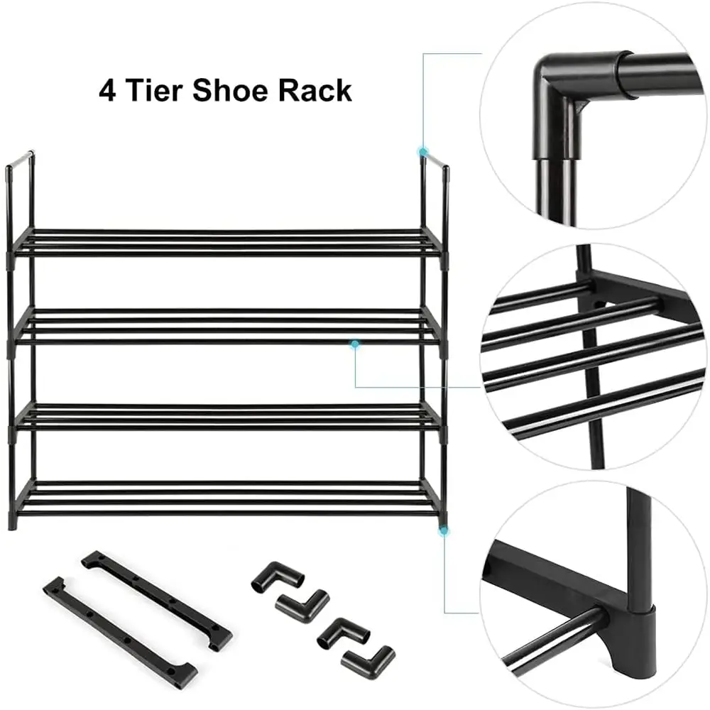 4-tier Stainless Steel Shoe Rack Storage Organizer to Hold Up 20 Pairs of Shoes (80cm Black) | Black Metal 4-tier Shoe