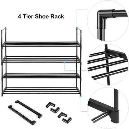 4-tier Stainless Steel Shoe Rack Storage Organizer to Hold Up 20 Pairs of Shoes (80cm Black) | Black Metal 4-tier Shoe