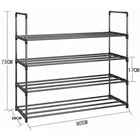 4-tier Stainless Steel Shoe Rack Storage Organizer to Hold Up 20 Pairs of Shoes (80cm Black) | Black Metal Shoe Rack