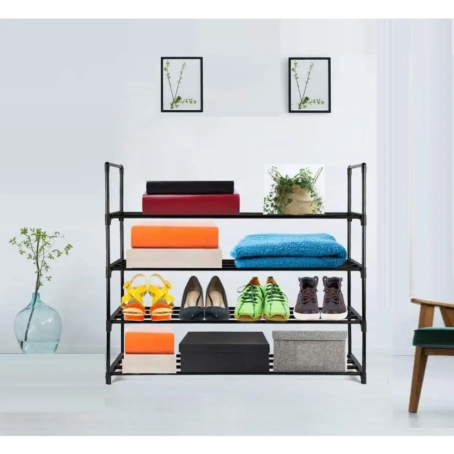 4-tier Stainless Steel Shoe Rack Storage Organizer to Hold Up 20 Pairs of Shoes (80cm Black) | Black Metal Shoe Rack