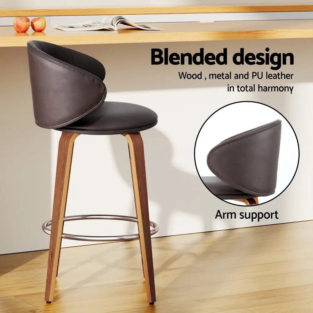 4x Bar Stools Dining Chairs Contoured Leather Wood Stool