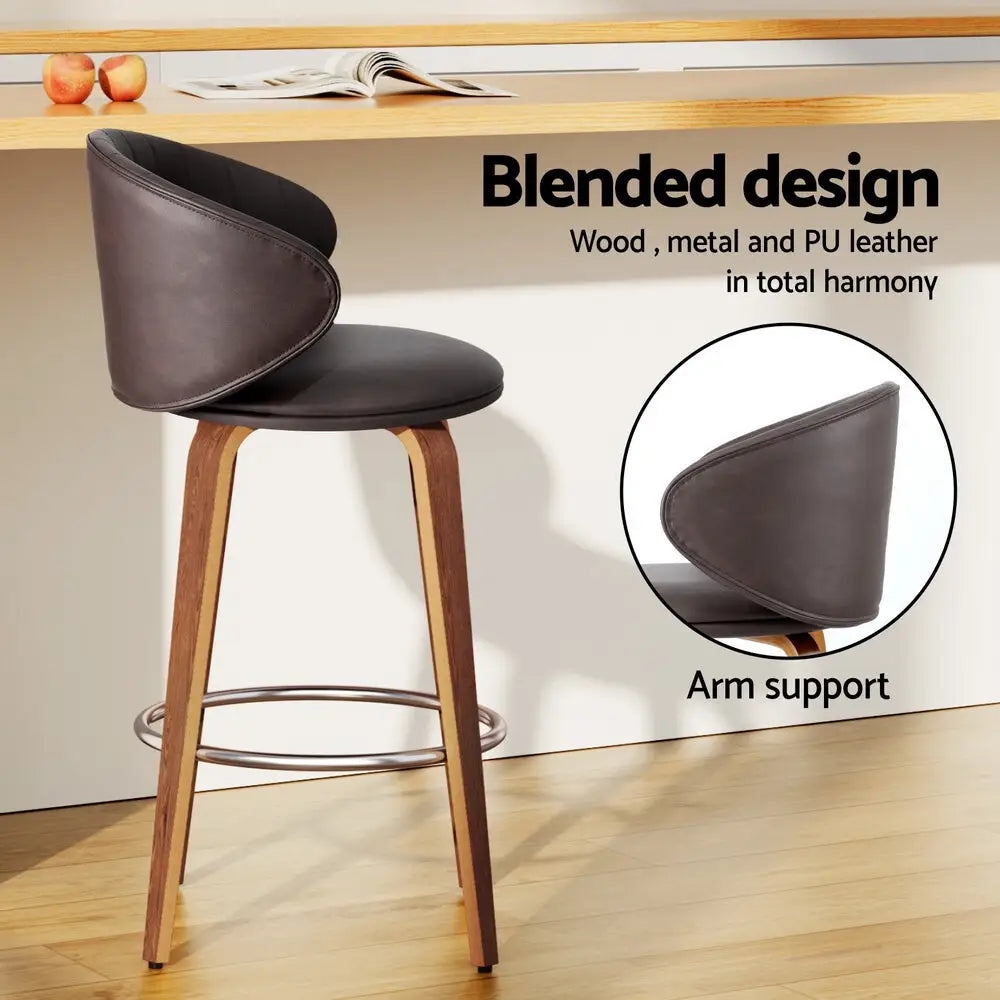 4x Bar Stools Dining Chairs Contoured Leather Wood Stool