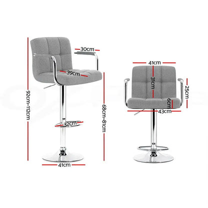 4x Bar Stools Fabric Gas Lift W/armrest Grey