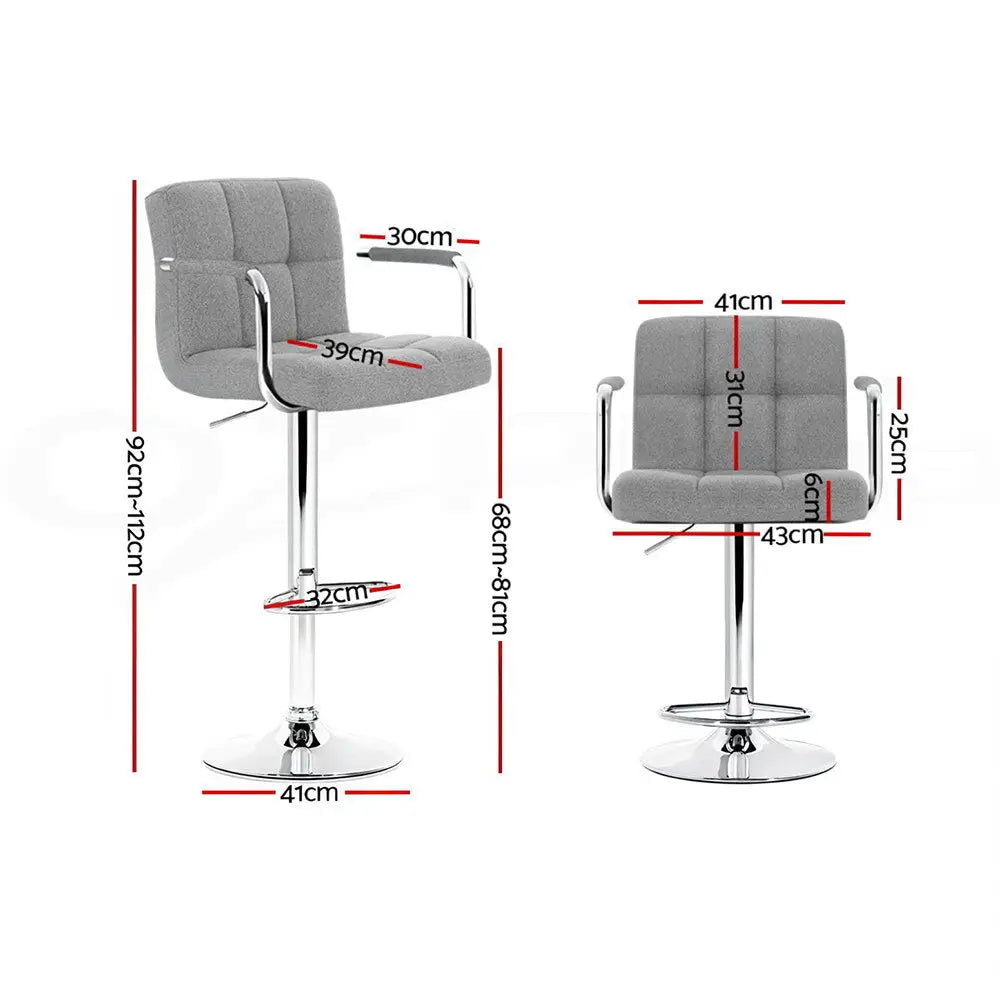 4x Bar Stools Fabric Gas Lift W/armrest Grey