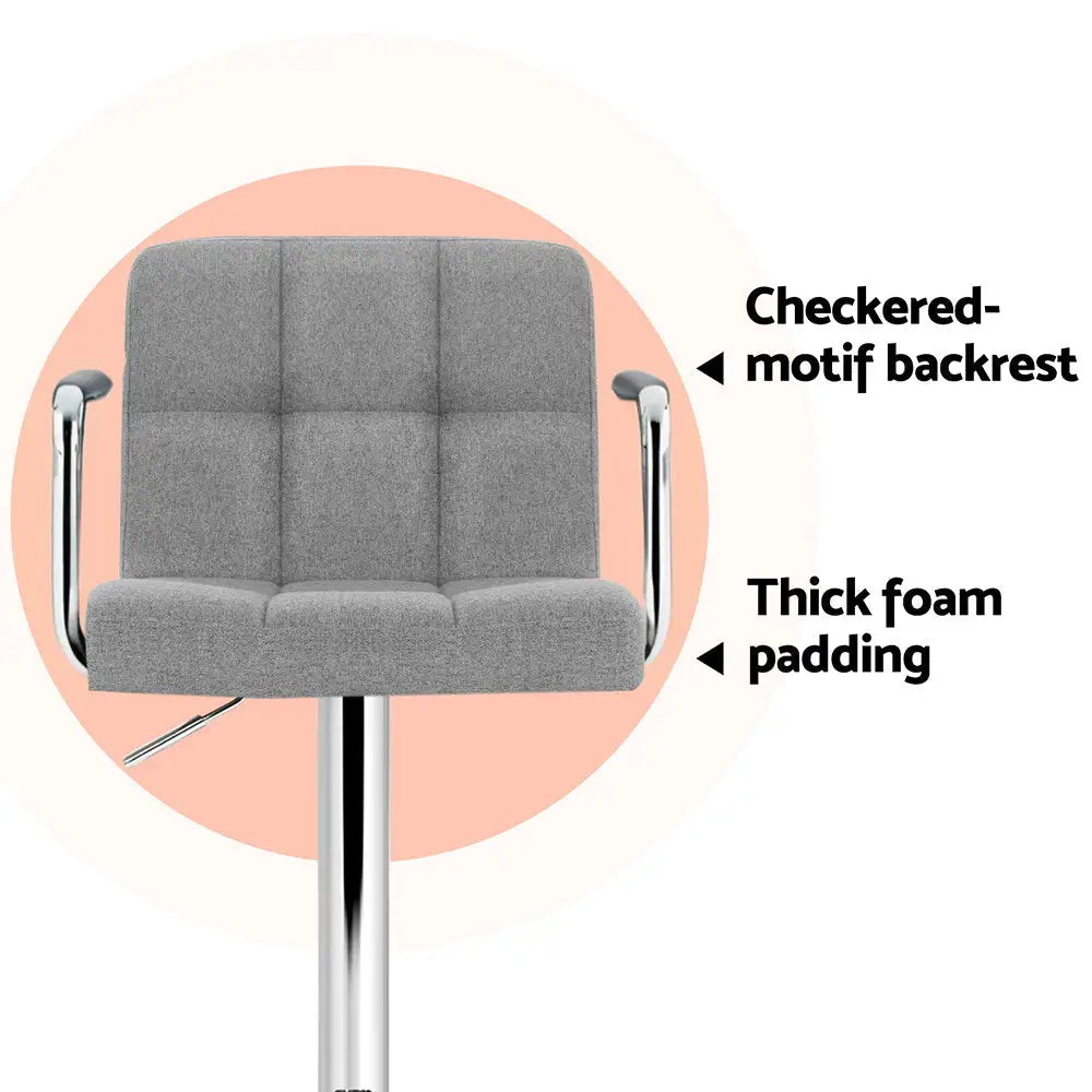 4x Bar Stools Fabric Gas Lift W/armrest Grey