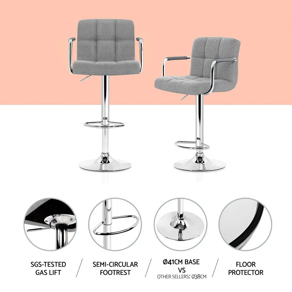 4x Bar Stools Fabric Gas Lift W/armrest Grey